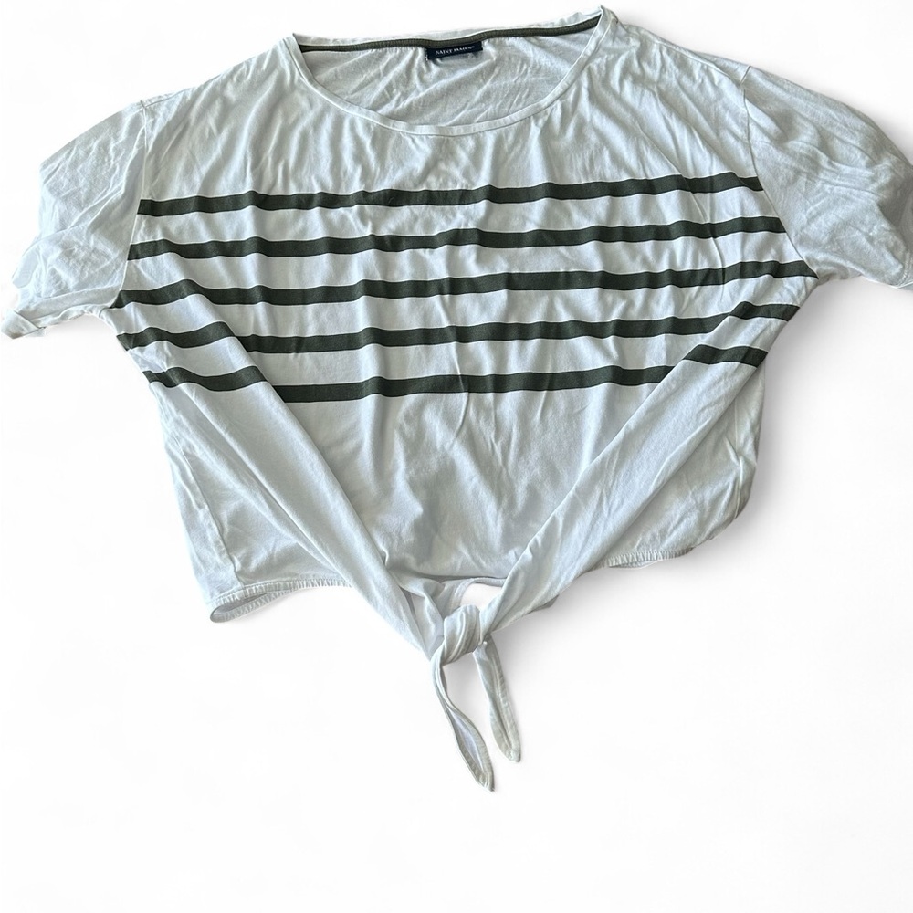 Saint-James Striped Tie-Front Top - White and olive size 14